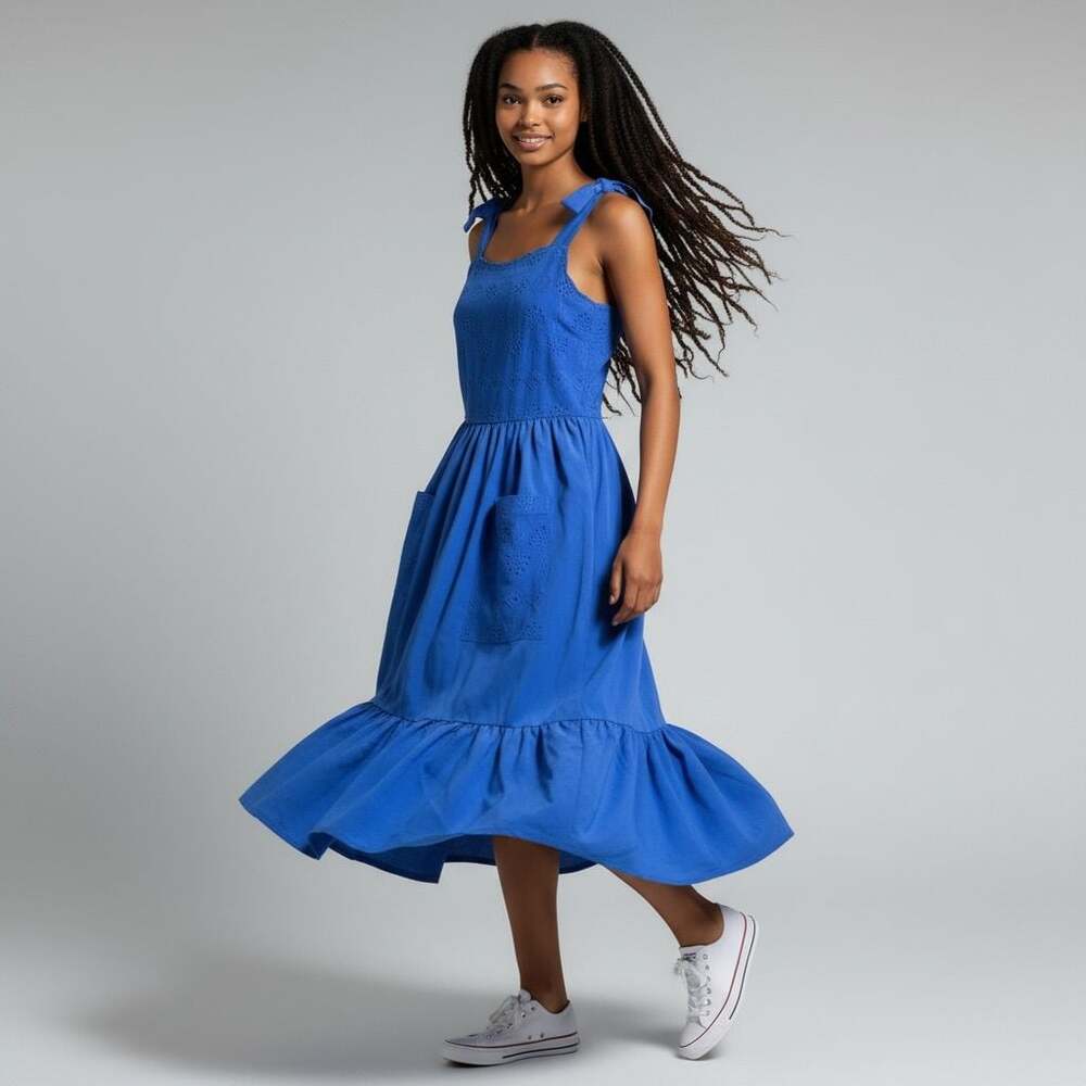 Cottagecore Who What Wear Royal Blue Eyelet Tie Strap Midi Dress